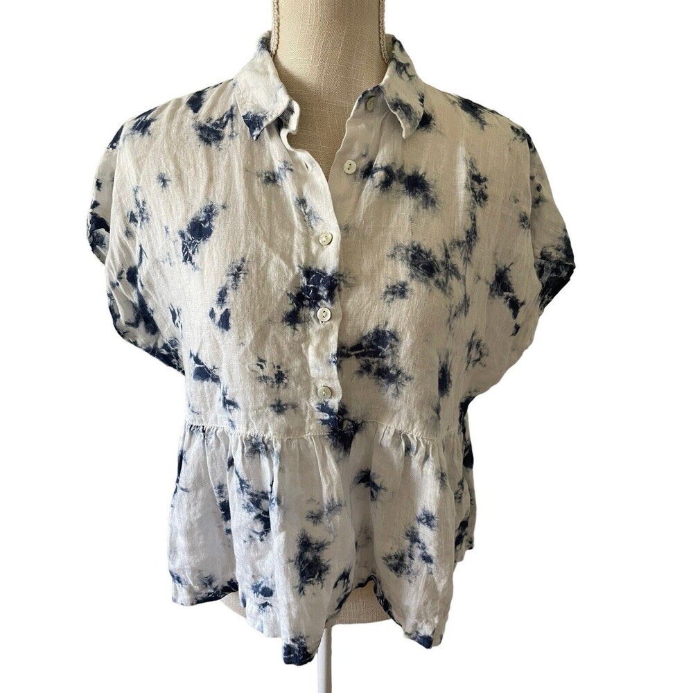 Rachel Zoe Blue‎ and White Tie Dye Linen Peplum Lagenlook Blouse Size Small
